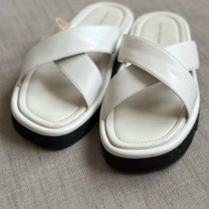 Stuart Weitzman Elodie Lift Lug Sole White Leather Wide Crossband Slide Sandals